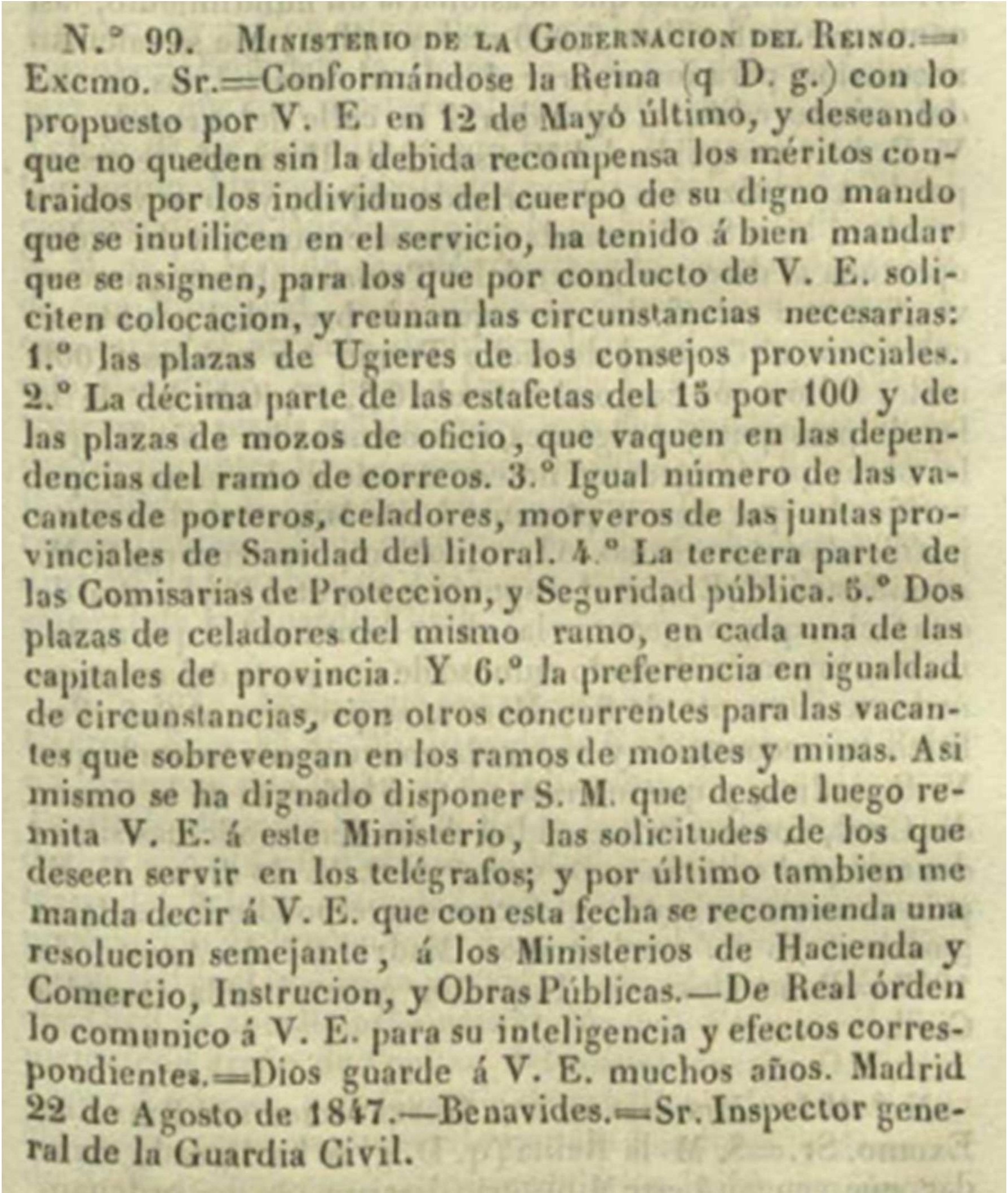 Real Orden, dando instrucciones para la asignación de destinos civiles a los miembros del Cuerpo que sean declarados no útiles para el servicio, en virtud de los méritos contraídos (22 de agosto de 1847). Fuente: Servicio de Estudios Históricos. Guardia Civil. Real Orden, dando instrucciones para la asignación de destinos civiles a los miembros del Cuerpo que sean declarados no útiles para el servicio, en virtud de los méritos contraídos (22 de agosto de 1847). Fuente: Servicio de Estudios Históricos. Guardia Civil.