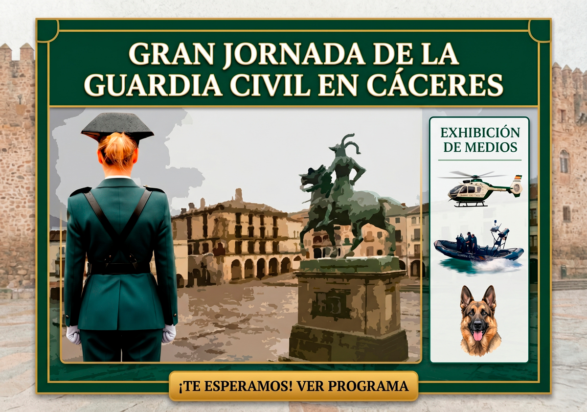 Cartel de los próximos eventos en Cáceres. Muestra una guardia civil de espaldas, la Plaza Mayor de Trujillo y en un lateral helicóptero, barca neumática y perro del Servicio Cinológico de la Guardia Civil.