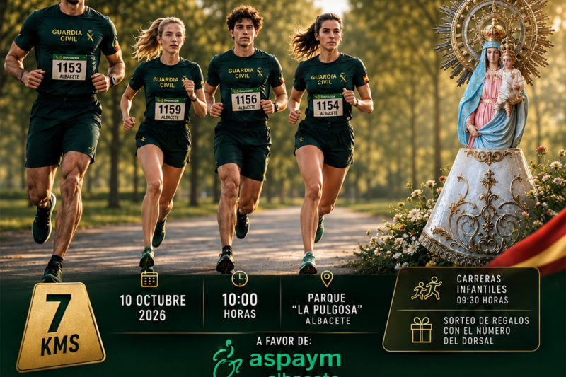 Cartel “VIII Carrera popular Virgen del Pilar 2026” en Albacete a beneficio de ASPAYM. Cartel “VIII Carrera popular Virgen del Pilar 2026” en Albacete a beneficio de ASPAYM.
