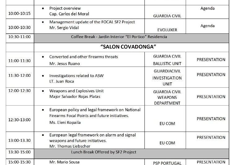 Agenda del seminario "Legislative Seminar on Alarm and Signal Weapons - FOCAL SF2 PROJECT"