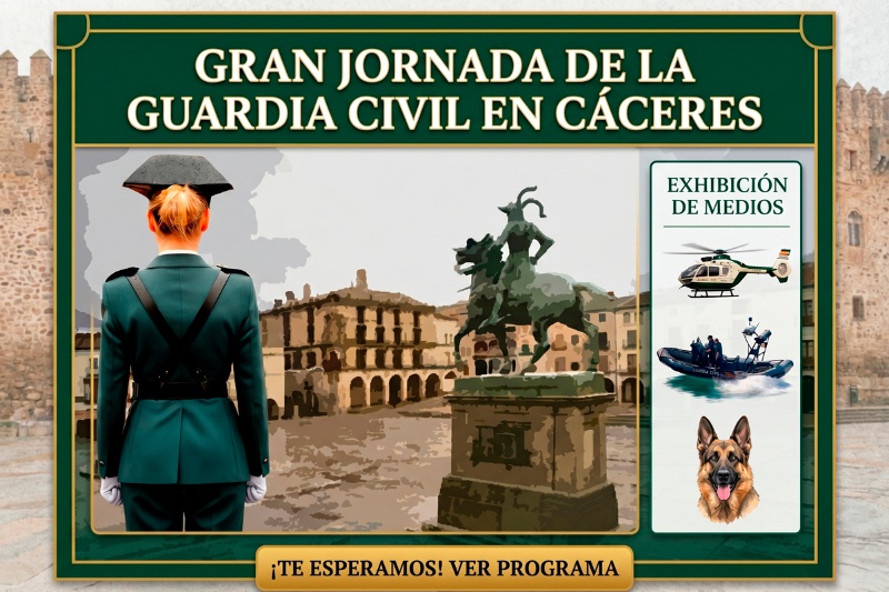 Cartel de los próximos eventos en Cáceres. Muestra una guardia civil de espaldas, la Plaza Mayor de Trujillo y en un lateral helicóptero, barca neumática y perro del Servicio Cinológico de la Guardia Civil.