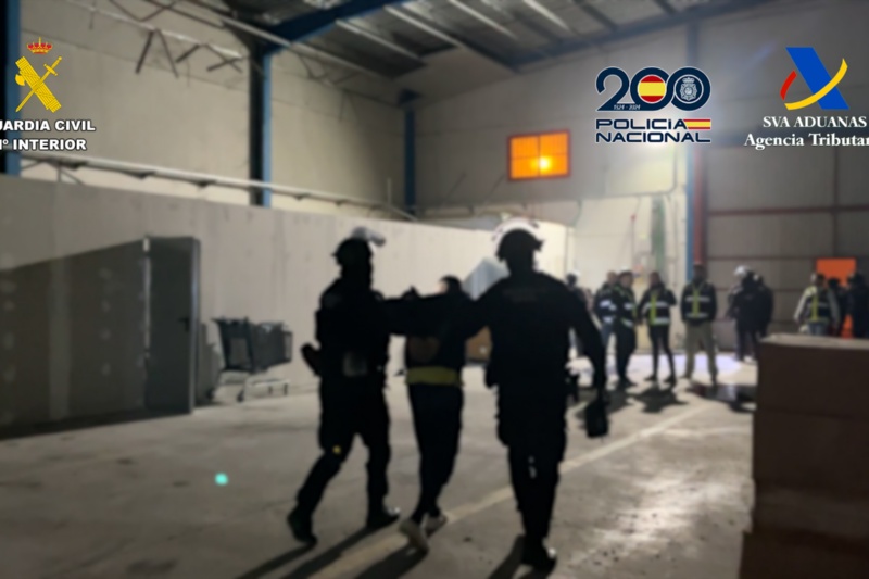 Varios agentes de la Guardia Civil, Policía y Agencia tributaria conducen a un detenido