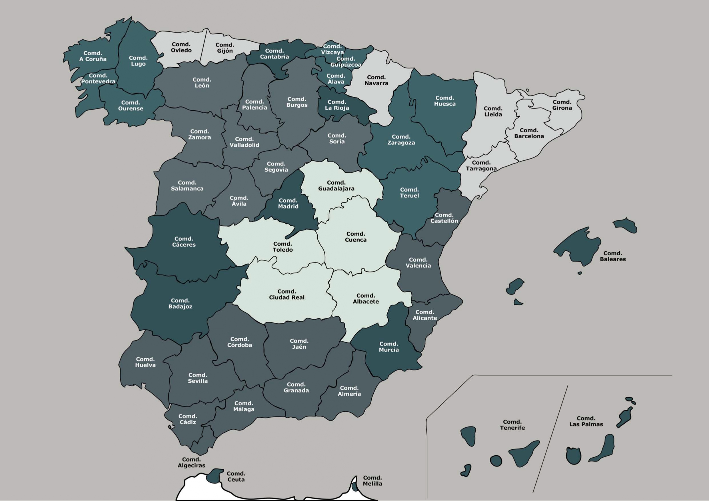 Mapa de España con las Comandancias de la Guardia Civil