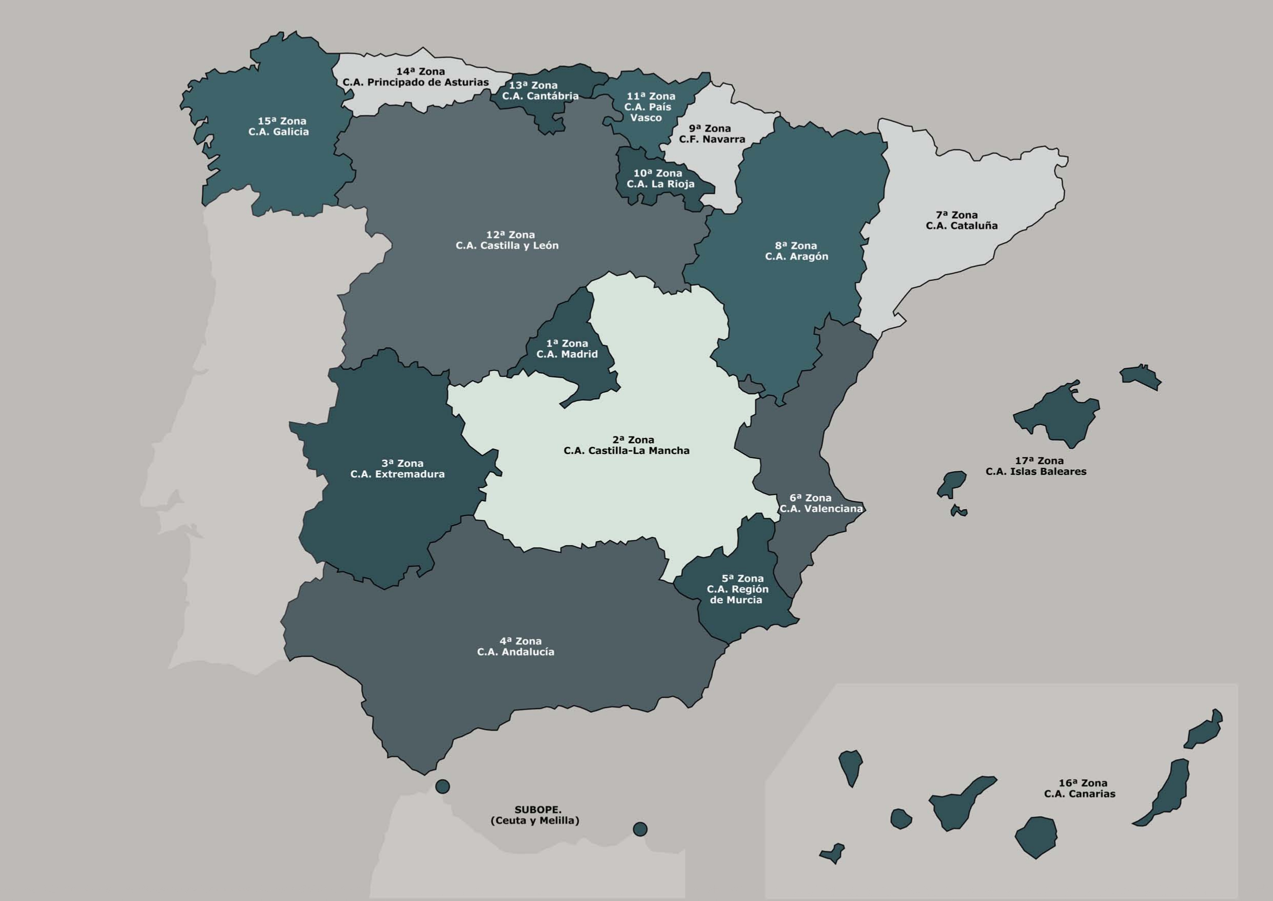 Mapa de España con las zonas de la Guardia Civil