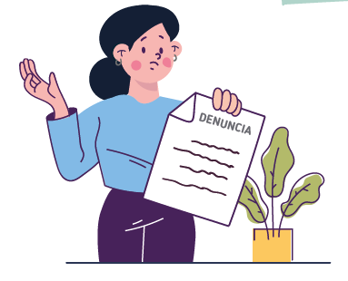 Un dibujo de una mujer con una copia de una denuncia en la mano