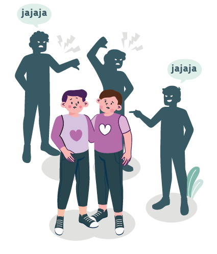 Tres personas se ríen de otras dos personas que está en el centro.