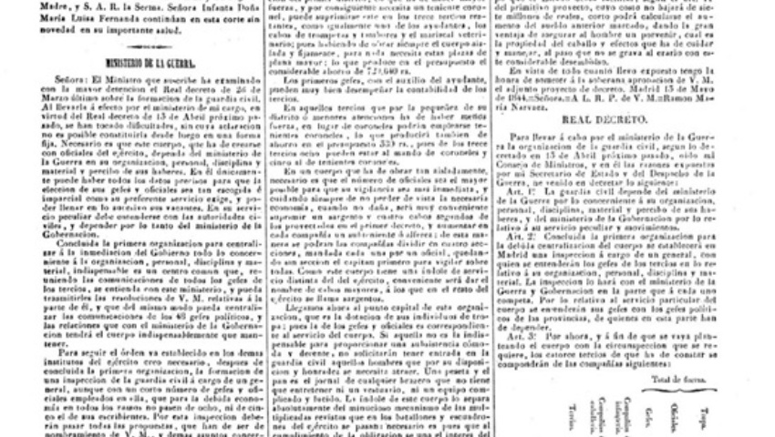 13 de mayo de 1844. Segundo decreto fundacional de la Guardia Civil