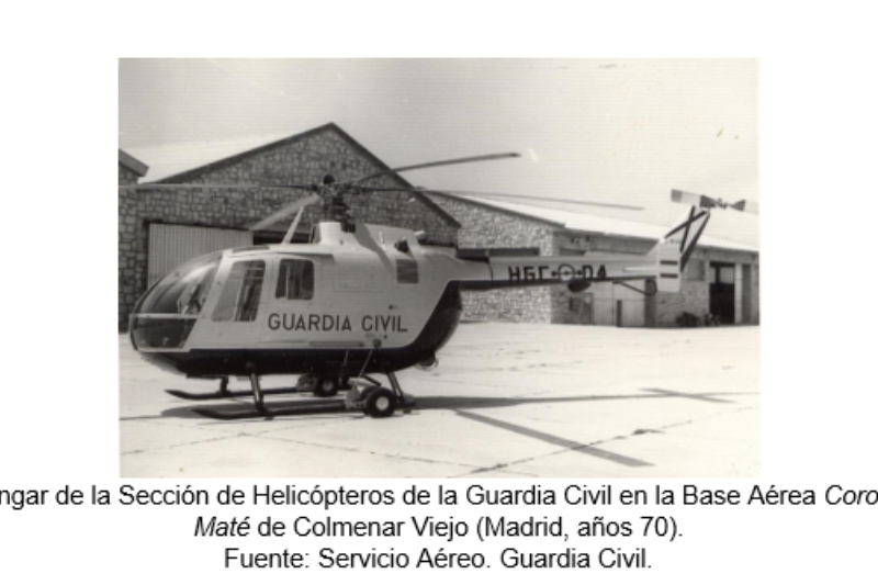 Hangar de la Sección de Helicópteros de la Guardia Civil en la Base Aérea Coronel Maté de Colmenar Viejo (Madrid, años 70). Fuente: Servicio Aéreo. Guardia Civil.