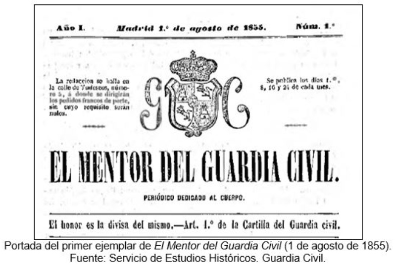 Portada del primer ejemplar de El Mentor del Guardia Civil (1 de agosto de 1855). Fuente: Servicio de Estudios Históricos. Guardia Civil.