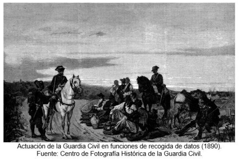 Actuación de la Guardia Civil en funciones de recogida de datos (1890). Fuente: Centro de Fotografía Histórica de la Guardia Civil.