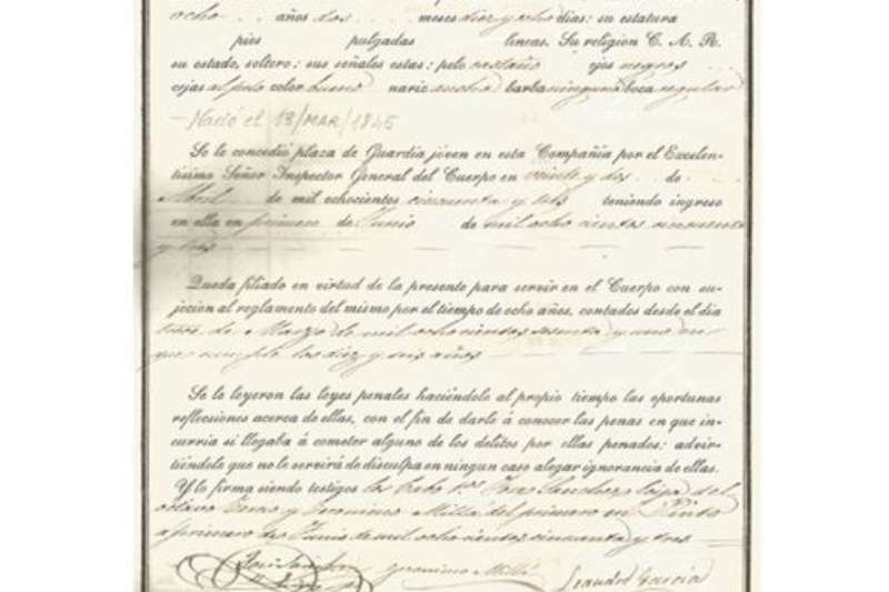 Hoja de filiación del primer guardia joven de la compañía (1853). Fuente: Colegio de Guardias Jóvenes Duque de Ahumada. Guardia Civil.