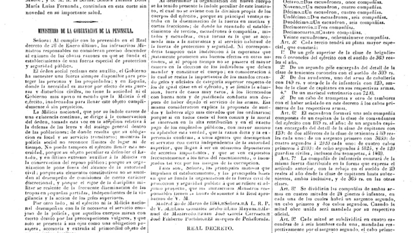 28 de marzo de 1844. Publicación del primer Real Decreto fundacional