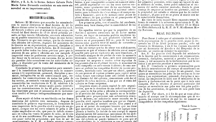 13 de mayo de 1844. Segundo decreto fundacional de la Guardia Civil
