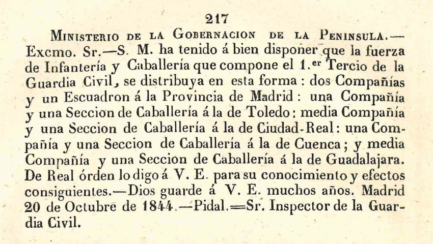 20 de octubre de 1844. Organización del primer Tercio