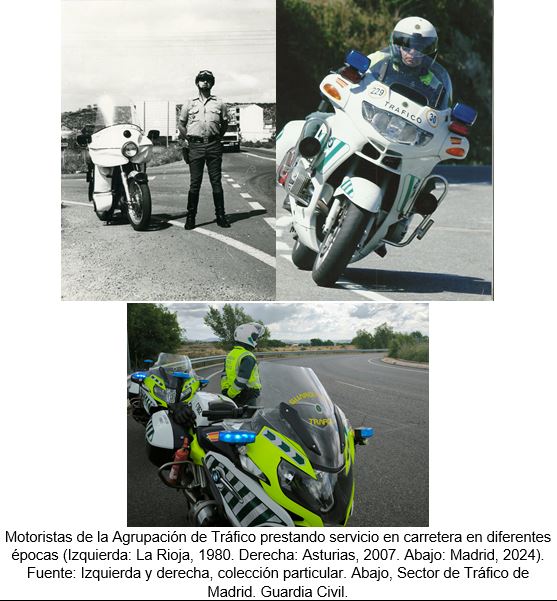 Motoristas de la Agrupación de Tráfico prestando servicio en carretera en diferentes épocas (Izquierda: La Rioja, 1980. Derecha: Asturias, 2007. Abajo: Madrid, 2024). Fuente: Izquierda y derecha, colección particular. Abajo, Sector de Tráfico de Madrid. Guardia Civil.