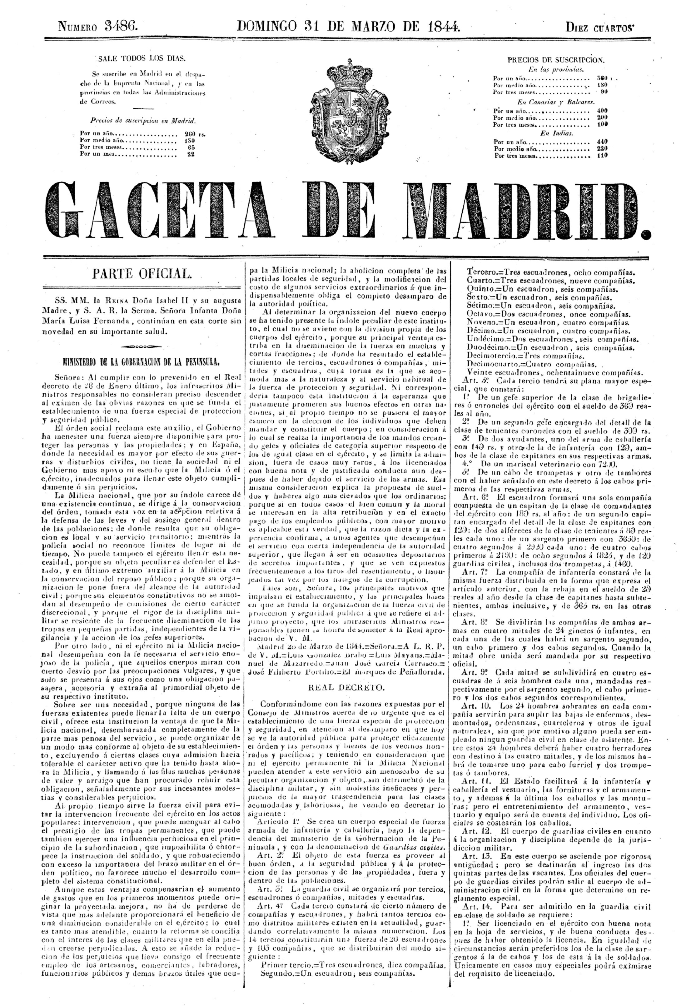 28 de marzo de 1844. Publicación del primer Real Decreto fundacional 28 de marzo de 1844. Publicación del primer Real Decreto fundacional