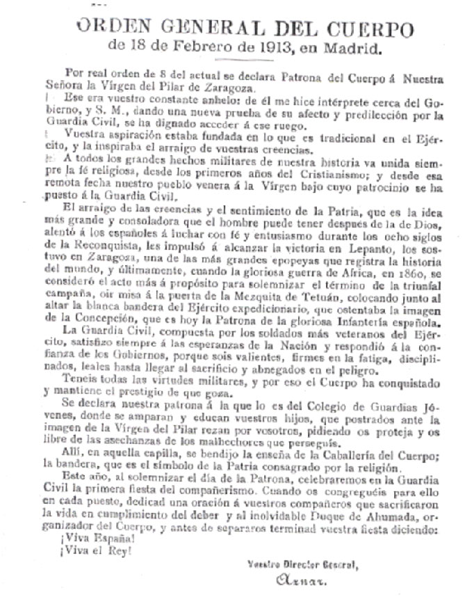 Declararión patrona Guardia Civil Virgen del Pilar