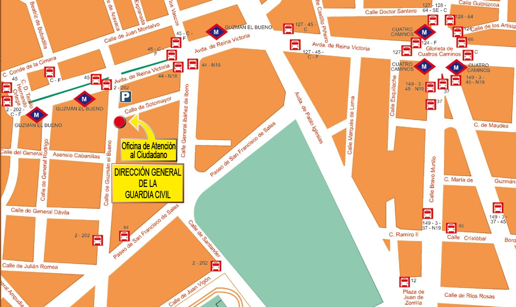 Plano de ubicación de la Oficina Atención al Ciudadano de la Guardia Civil en Madrid
